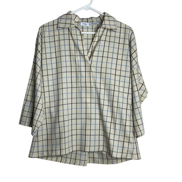 Akris Punto Windowpane Popover Blouse Cream‎ Brown Blue Size 4 - Picture 1 of 10